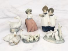 Five various Nao figures and groups, and a further Lladro figure of geese No. 1307.