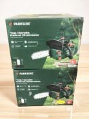 Two Parkside top handle petrol chainsaws, still in retail packaging.