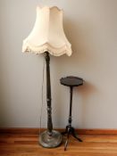 A beech standard lamp and a tripod occasional table.