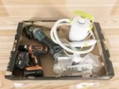 A Makita angle grinder, a Sabre drill and a Costway steam cleaner.