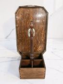 A mahogany four division bottle carrier, together with an oak and EPNS serving tray, width 54 cm.