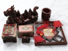 An oriental resin figure group, a brush pot, two table boxes, wall panel, etc.
