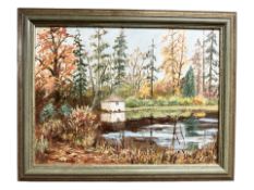 June Colvin : Boathouse by a lake, oil on canvas, 40 cm x 30 cm.