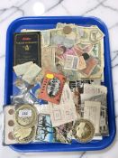 A group of pre-decimal coins, gold plated commemorative coins, various bank notes, ephemera.