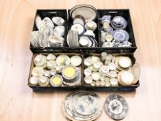 A large quantity of blue and white dinner wares, various tea and coffee china including Foley,