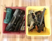 Assorted hand tools and hardware, large G-clamp, etc.