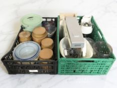 A Kenwood mixer, Hornsea saffron storage jars, enameled crock pot and other kitchen wares.