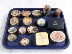 A group of enameled pill boxes including Royal Worcester, Halcyon Days, Royal Doulton, etc.