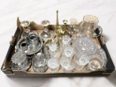 Assorted crystal drinking glasses, pair of EPNS candlesticks, other plated wares, brass ornaments.