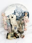 A large blue and white transfer printed charger, Staffordshire dog, a fish gluggle jug,