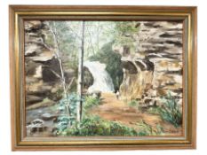 June Colvin : Figure by a waterfall, oil on canvas, 39 cm x 28 cm.