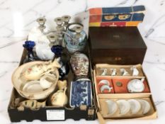 Assorted ceramics and glass wares, EPNS candelabrum, vintage child's tea set,