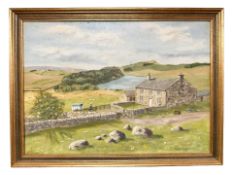 June Colvin : Farmhouse by a reservoir, oil on canvas, 45 cm x 32 cm.