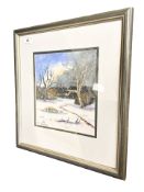 June Colvin : Sheep in snow, oil on board, 21 cm x 23 cm.