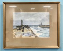 John William Gilroy : Figures on a harbour pier with rough seas, watercolour, 24 cm x 34 cm.