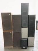 Three pairs of speakers by Wharfdale and Schneider, tallest 106 cm, and a further Samsung speaker.
