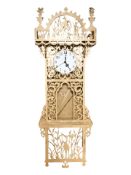 A reproduction fret work wooden wall timepiece, height 107 cm.