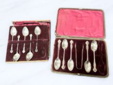 Two part-sets of silver teaspoons, one with tongs. CONDITION REPORT: 93.3g gross.