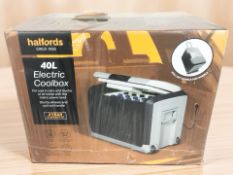 A Halfords 40 litre electric cool box, in retail packaging.