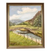 June Colvin : Bridge in a valley landscape, oil on canvas, 40 cm x 50 cm.