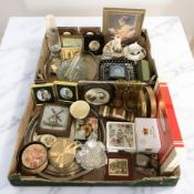 Assorted glass wares, miniature pictures and prints, framed Delft tile, plated wares, etc.