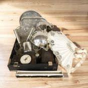 Assorted EPNS wares, carved bone hand fan, Salter letter balance scale, table box, etc.