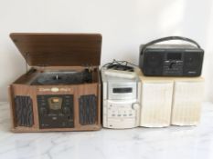 A retro-style music player, Kenwood mini hi-fi and speakers, etc.