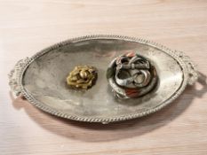 A continental white metal twin handled oval dish stamped 900, width 16 cm,