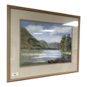 June Colvin : Reservoir with mountains beyond, colour chalk, signed, 41 cm x 30 cm.