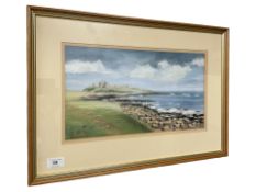 June Colvin : Dunstanburgh Castle from the dunes, colour chalk, signed, 40 cm x 22 cm.