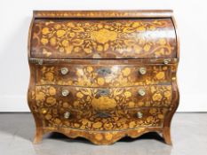 A Dutch walnut and satinwood floral marquetry serpentine front cylinder bureau, early 19th century,
