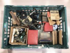 Assorted fishing reels, hooks, line, tins, etc.