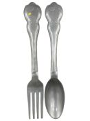 An oversized cast aluminium fork and spoon, length 102 cm.