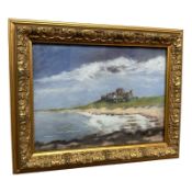 June Colvin : Bamburgh Castle from the beach, colour chalk, signed, 19 cm x 14 cm.