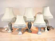 Five various alabaster table lamps, with shades, tallest 62 cm.