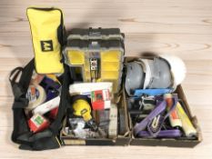 Assorted tool chests, bags, hand tools and hardware, protective hats, etc.