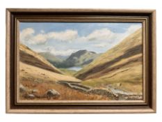 June Colvin : Valley landscape, oil on canvas, signed, 40 cm x 25 cm.