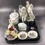 Assorted cabinet china, Nao figures, Royal Worcester enameled pill box, Royal Albert, etc.