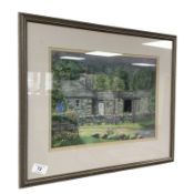 June Colvin : Stone cottages by a wall, colour chalk, signed, 34 cm x 25 cm.