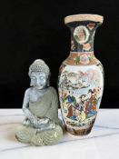 A 20th century Japanese porcelain vase, height 60 cm, together with composition figure of Buddha.