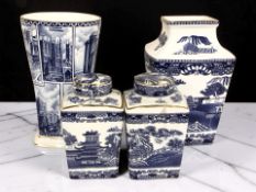 Four pieces of Ringtons blue and white porcelain, vase 20 cm high.