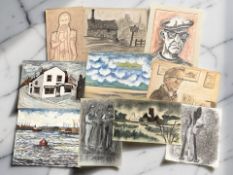 Ken Stewart (1926 - 1991) : Ten assorted unframed watercolour paintings including portrait of a man