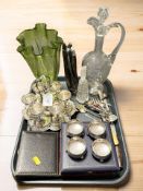 An EPNS egg cruet, various cutlery, a set of four salts, a ewer, art glass vase, etc.