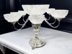 A large and impressive silver-plate and cut-crystal eight-branch table epergne/centre piece,