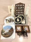 A quantity of porcelain thimbles on stand, Wedgwood black jasperware dishes, resin figures,