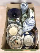 Assorted ceramics, oriental blue and white vases, Quimper Pottery, etc.