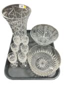 A set of six Waterford crystal sherry glasses, together with two fruit bowls and a crystal vase.
