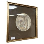 Jean Davies : Interior study of a church, watercolour, 19 cm diameter, signed.