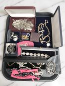 Assorted costume jewellery, panel bracelets, simulated pearls, earrings.