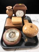 A quartz mantel timepiece, circular barometer, a Japanese lacquer trinket box, other treen items.